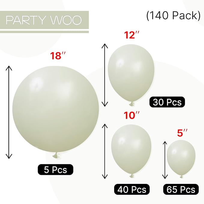 PartyWoo Sage Green Balloons 140pcs Different Sizes of 18 12 10 5 Inch Dusty Boho Green Latex Balloon Arch Kit for Wedding Birthday Dinosaur Jungle Golf Football Theme Party Decorations Green-F32