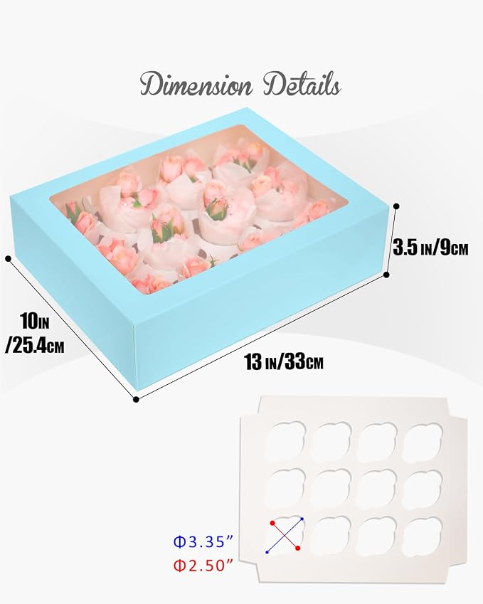 Bakepacker 12 Cupcake Containers 10-Packs Light Blue Cupcake Box Cupcakes Carrier, 12 Cupcake Boxes with Window 13"x10"x3.5"（Auto-pop up）