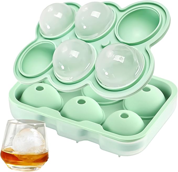 QELEG Large Ice Ball Maker with Lid, 2.2 inches Big Cubes, Easy Release Silicone Ice Cube Trays for Freezer, Perfect Spheres Craft Ice Maker for Whiskey, Cocktails, Gifting, Green, 1pcs/6 Sphere
