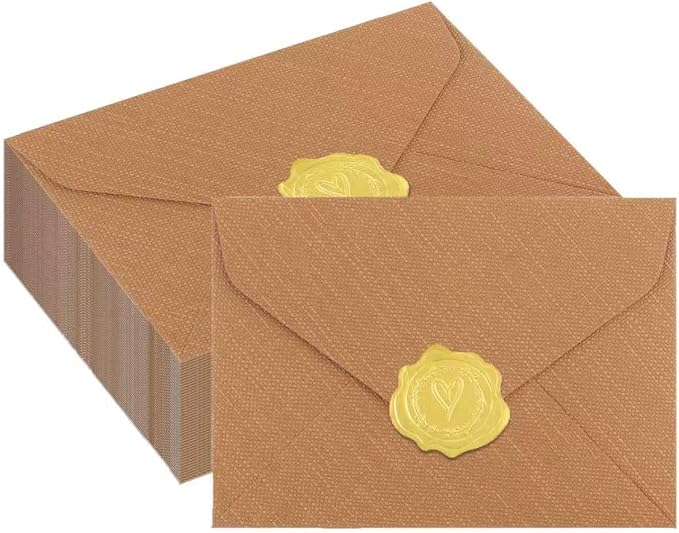 50 Pack 4x6 Brown Linen Envelopes with Gold Wax Seals - Handmade Look A6 Vintage Envelopes & Self-Adhesive Seal Stickers for Greeting Cards, love letter, Wedding, Party Invitation