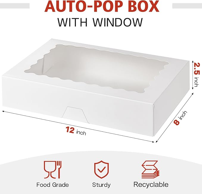 30 Pack Auto Pop-up Cookie Boxes with Window, 12" x 8" x 2.5", White | Bakery Treat Boxes, For Chocolate Covered Strawberries, Cake Pops, Donuts, Cocoa Bombs, Sugar Cookies, Pastries