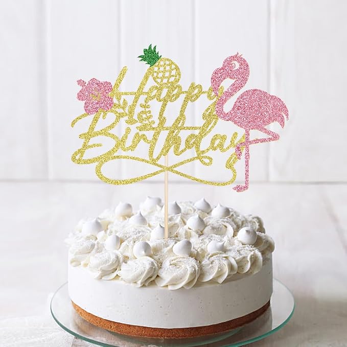 1 PCS Flamingo Happy Birthday Cake Topper-Glitter Palm Tree Turtle Leaf Flower Pineapple Flamingo Cake Pick Decorations,Tropical Hawaiian Luau Theme Baby Shower Boys Girls Party Decoration Supplies