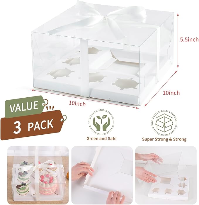 3Pcs Bento Cake Box and Cupcake 1+5 Combination Clear Window Bento Boxes, 6 Holes Bento Vake Box Suitable for 5 Regular Cupcakes and Mini Cakes