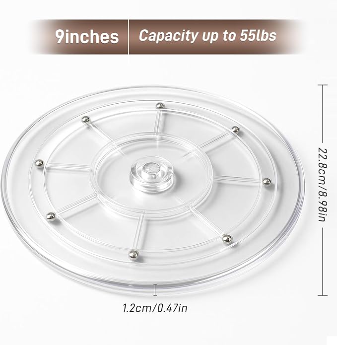 HSTECH 9” Lazy Susan Turntable Acrylic Ball Bearing Rotating Tray for Spice Rack Table Cake Kitchen Pantry Decorating TV Laptop Computer Monitor, 50-lb Load Capacity (360˚ Rotation)