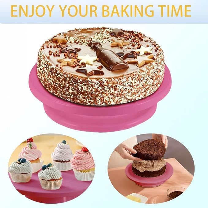 11 Inch Cake Turntable, Rotating Cake Stand for Decorating, Plastic, Lightweight, Reusable, for Pastries and Cupcakes(Pink)