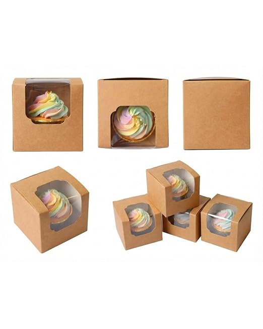 qiqee Brown Auto-pop up Cupcake Boxes Individual Cupcake 3.5x 3.5x 3.5inch 200pcs Single Cupcake Boxes
