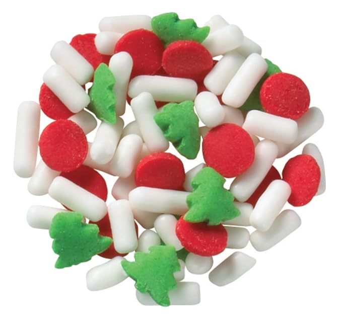 DECOPAC Christmas Trees & Holiday Dots Quins, 20.5oz, Fancy Sprinkles In Red, Green & White, Festive Edible Candy Sprinkles in Handheld Container For Celebration Cakes, Cupcakes, Cookies