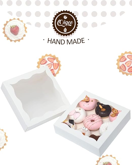 qiqee Auto-pop Up 12Packs White Pie Boxes with Window 12x12x3 Inch Cookie Donut Bakery Box