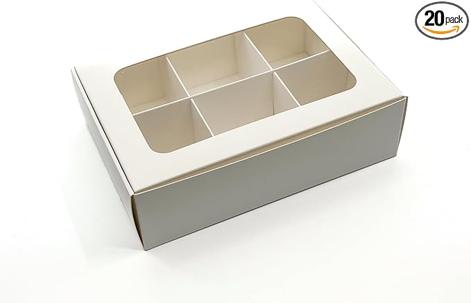 20pcs White Treat Boxes with Window and Dividers | 6 MEDIUM compartments | 8.75 x 6 x 2.4 in | Valentine treat boxes, baked goods packaging, box for cookies, pastry packaging