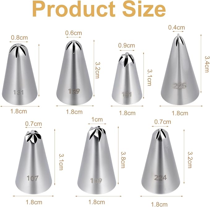 7 Pcs Drop Flower Piping Tips Set, 107, 109, 129, 131, 191, 224, 225 Stainless Steel Icing Tip for Swirl, Rosette, Cake Cookie Decorating Floral Patterns