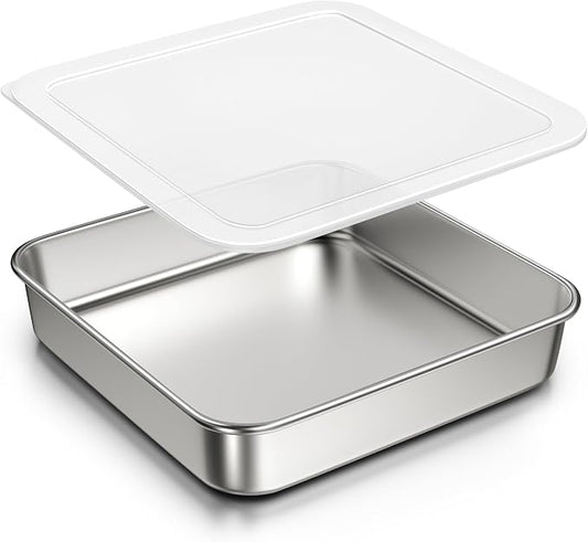 9 x 9-Inch Baking Pan with lid, 304 Stainless Steel Square Cake Pan, Commercial Grade Bakeware for Cakes Brownies Casseroles, Thicker Rectangle Sheet Cake Pans, Non-toxic & Heavy Duty &Dishwasher Safe