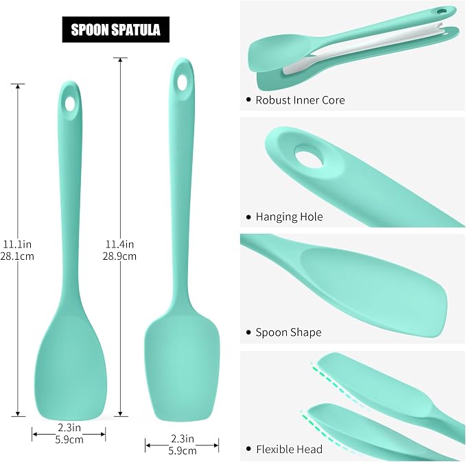 Doosu Silicone Spoon Spatula Set of 2, 600ºF Heat-Resistant Food Grade Rubber Spoonula with Seamless Design, Non-Stick Dishwasher Safe Kitchen Utensils for Cooking, Baking, Mixing, Scraping (Aqua Sky)
