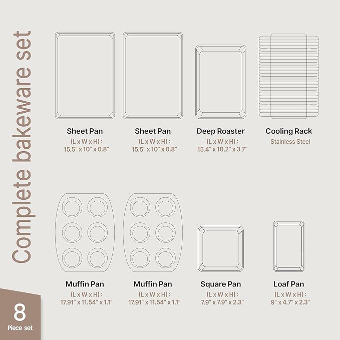 Bakken 8-Piece Ceramic Coated Bakeware Sets, Nonstick Aluminized Steel Pans with Muffin, Loaf, Cake, Roasting Pan, & Cooling Rack, Oven Safe Up To 500°F, Dishwasher Safe, BPA, PTFE & PFAS Free, Blue