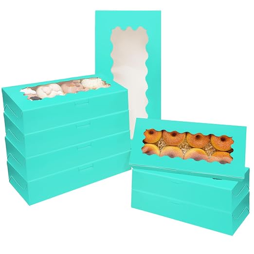 qiqee 50 Packs Mint Blue Cookie Box with Window 12x5.5x2.5 Inch Two Uses Pastry Biscuit Bakery Box For Packaging