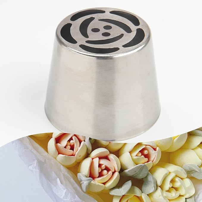 2-Piece Extra Large Stainless Steel Russian Flower Nozzle Set, Includes 1 Extra Large Nozzle and 1 Pagoda Brush, Rose Tulip Piping Tips for Cake Decorating, Dessert Baking Tool