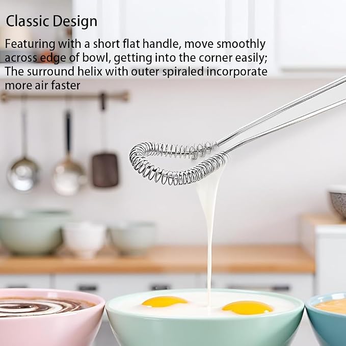 Stainless Steel Mini Whisk 1 Pack, Spring Coil Flat Egg Beater, Kitchen Cookware Milk Frother Hand Mixer For Cooking, 8 inch