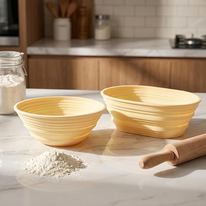 2 Pcs Foldable Silicone Banneton Bread Proofing Baskets 9.45 Inch Oval & 9 Inch Round Non-Stick Proofing Bowl Baking Basket Oven and Dishwasher Safe, Easy to Clean, Making-BPA Free (Yellow)