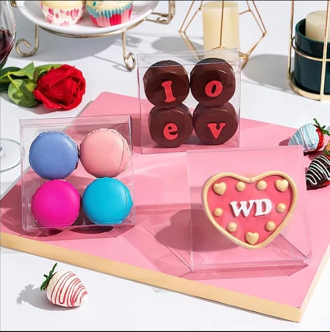 TEMLQPACK 50 Pack 4x4x1.2inch Clear Single Cookies Boxes with Full Window Plastic Small Treat Boxe Macaron Boxes Donut Boxe Dessert Box for Party Christmas Valentine's Day