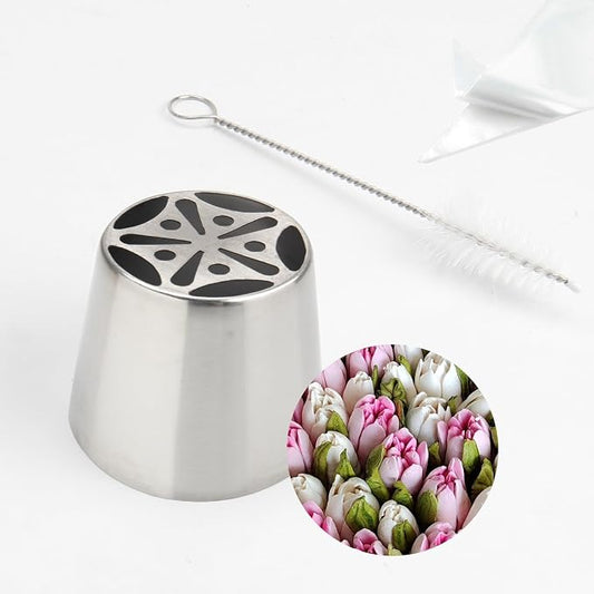 6Pcs Extra Large Russian Flower Piping Nozzles, Stainless Steel Rose Tulip Piping Tips for Cake Decorating, Includes 1 Extra Large Nozzle, 4 Piping Bags, 1 Pagoda Brush, Dessert Baking Tool
