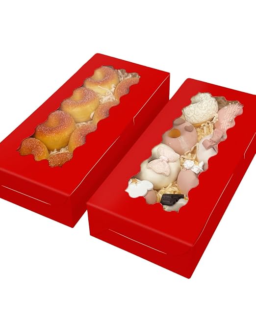 qiqee 50 Packs Red Cookie Box with Window 12x5.5x2.5 Inch Two Uses Pastry Biscuit Bakery Box For Packaging