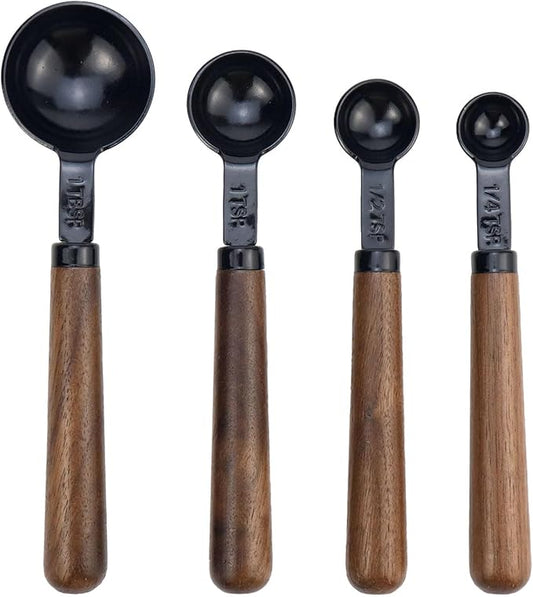Set of 4 Measuring Spoons Black Measuring Scoops with Wooden Handle Stainless Steel Measuring Spoons Set for Kitchen Flour Spice Seasoning Measurement (15ml+5ml+2.5ml+1.25ml)