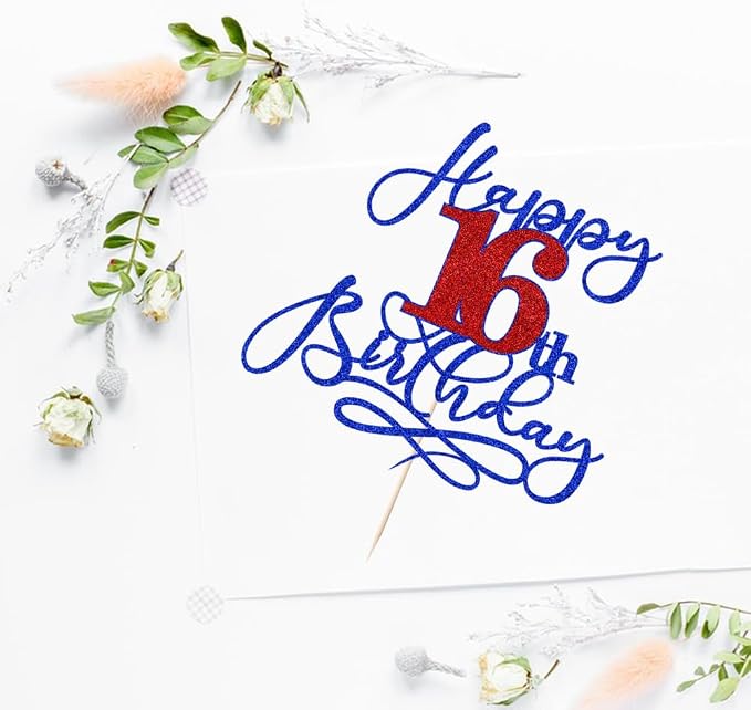 Happy 16th Birthday Cake Topper,Deep blue font red Numbers 16th Birthday Cake Decoration,Hello 16, Cheers to 16 Years/16th Anniversary,16& Fabulous Party Decoration