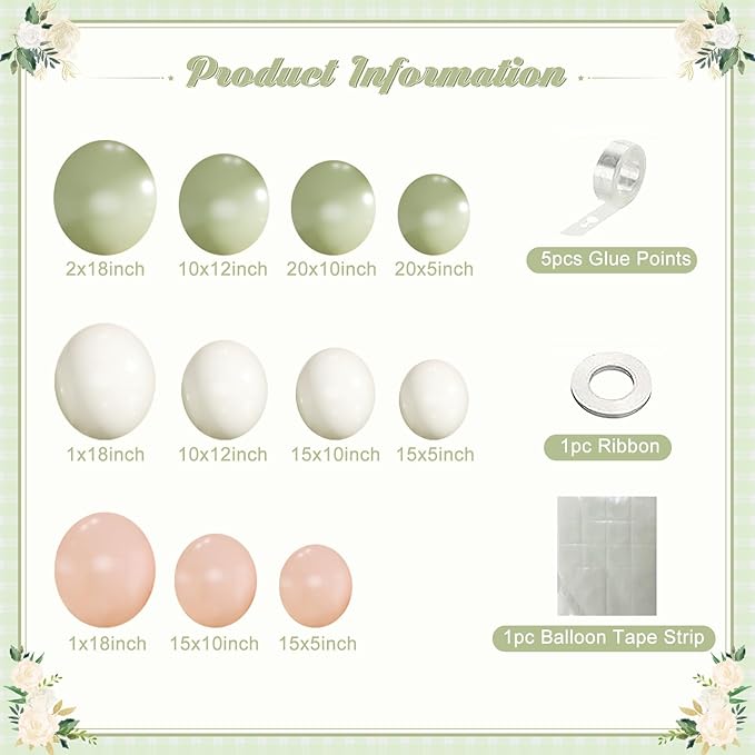 Pink and Green Balloon Arch Kit 124Pcs Sage Green Peach Ivory White Balloons Different Size for Baby Shower Wedding Bridal Shower Birthday Gender Reveal Party Decorations