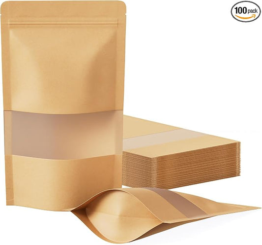 FireKylin 100 Pcs Resealable Bags, Paper Stand Up Pouches Bags with Matte Window for Small Businness, Zipper & Heat Sealable Treat Bags for Packaging (Inner Size 4.1" x 4.9"; Outer Size 4.7" x 7.9")