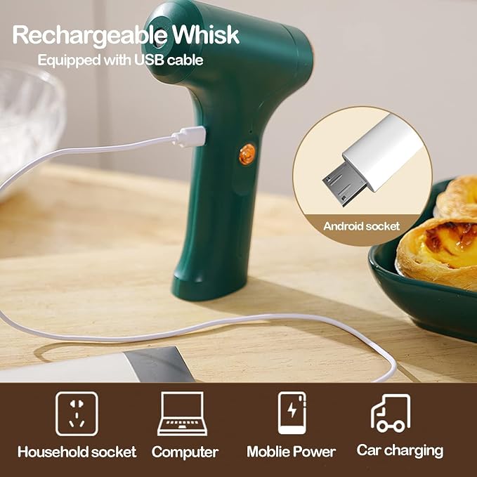 Electric Hand Whisk, USB Rechargeable, Wireless Portable Egg Beater with 2 Detachable Whisks with 3 Speed Modes for Eggs/Milkshake Cream/Butter/Baby Food, Fit for Kitchen/Camping/Gifts (Green)