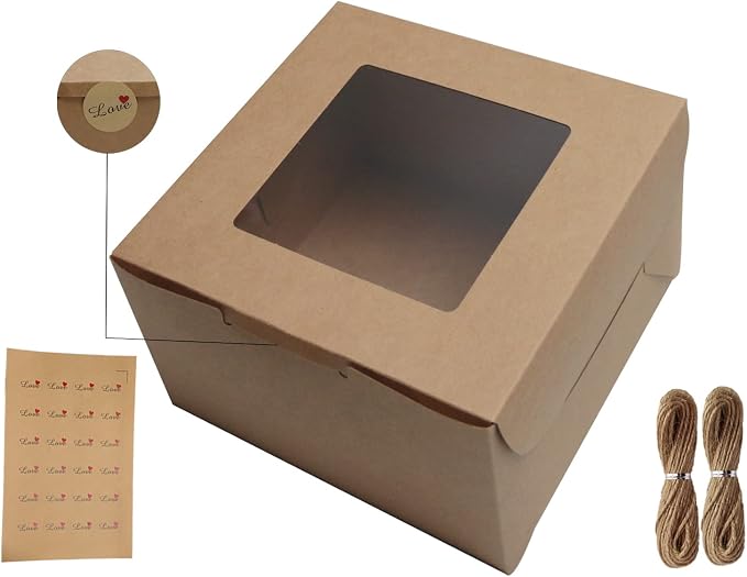 Kraft Bakery Boxes 8x8x5 Inch - 10Pack Window Gift Boxes | Includes twine & stickers. Sturdy kraft. For cookies, cupcakes, pastries, wedding favors, party treats & DIY