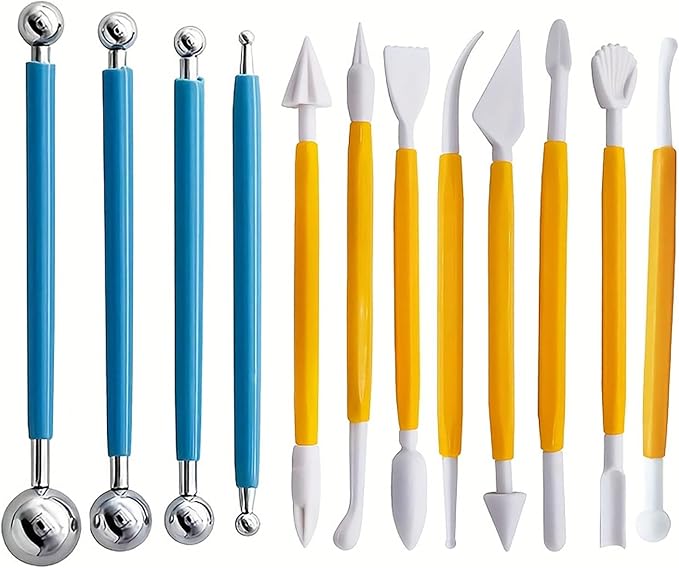 Cake Decorating Tool Set, 12 Pcs Plastic and Stainless Steel Fondant Tool, Clay Sculpting Tools Kits and Pottery Sculpture Tools (12)