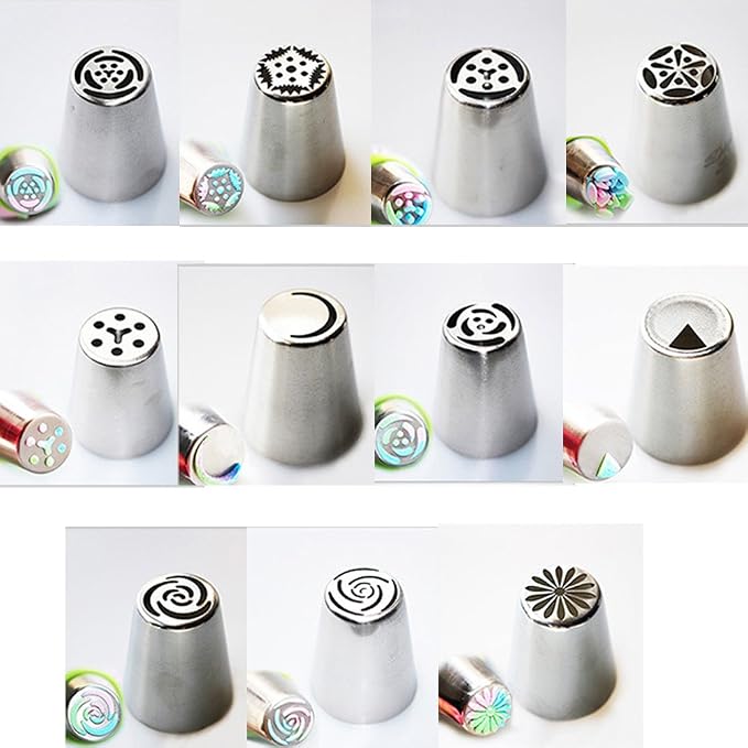 Russian Piping Tips 26 pcs-14 icing Nozzel (2 leaf Tips)+10 Baking Pastry Bags+2 Couplers Frosting Tips Set (26 pcs)