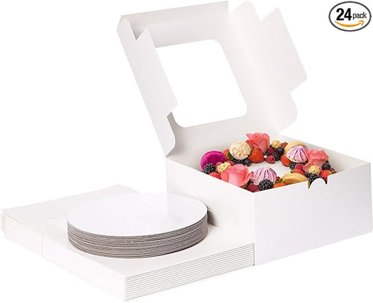 Moretoes 24 Pack Cake Boxes, 10x10x5 Inches with Cake Boards Tall White Square Bakery Boxes Cajas Pasteles for Cakes, Valentine's Day, Mother's Day, Birthday, Wedding, Party, Graduation