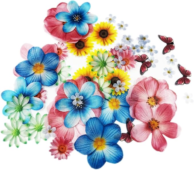 Set of 55 Edible Flowers & Butterflies Cupcake Toppers Wedding Cake Party Food Decoration Mixed Size & Colour for Anniversary (Flower Butterfly)