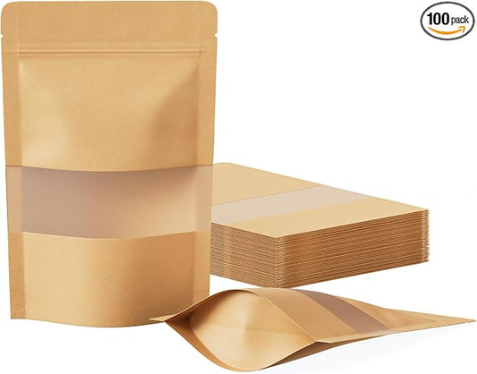FireKylin 100 Pcs Resealable Bags, Paper Stand Up Pouches Bags with Matte Window for Small Businness, Zipper & Heat Sealable Treat Bags for Packaging (Inner Size 3.3" x 3.5"; Outer Size 3.9" x 5.9")