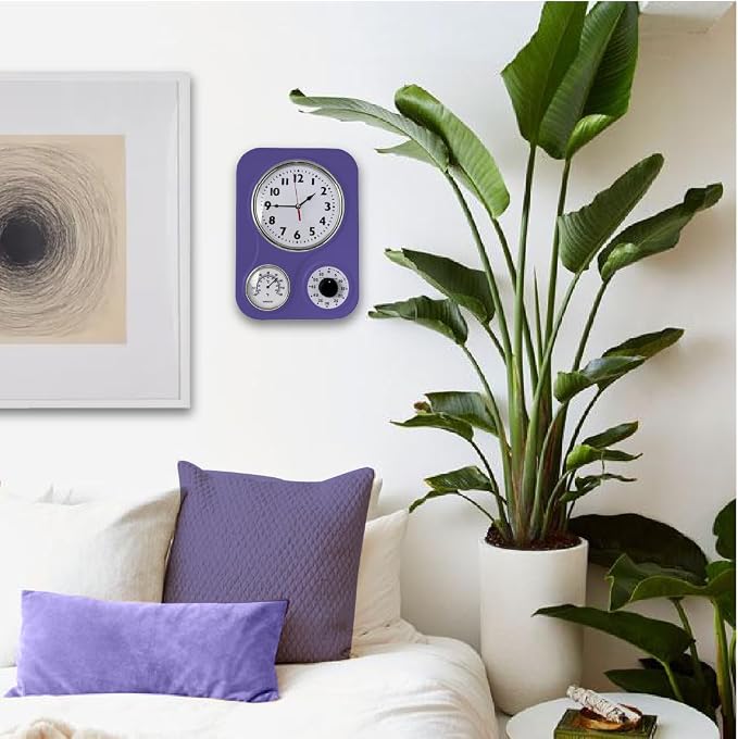 Lily's Home - 9 Inch x 12.5 Inch - Retro Kitchen Wall Clock, Vintage Wall Clock with a Thermometer and 60-Minute Timer, Ideal for Any Kitchen, Office, or Diner (Purple)