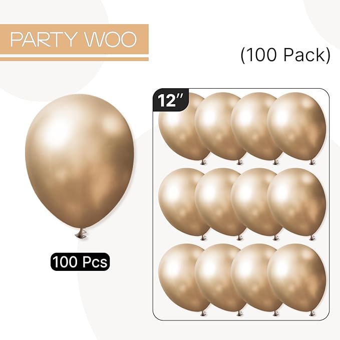 PartyWoo Metallic Gold Balloons 100pcs 12 Inch Chrome Gold Latex Helium Balloons for Wedding Christmas Birthday Graduation Baby Shower Retirement Bachelorette Tea Party Decorations Gold-G127