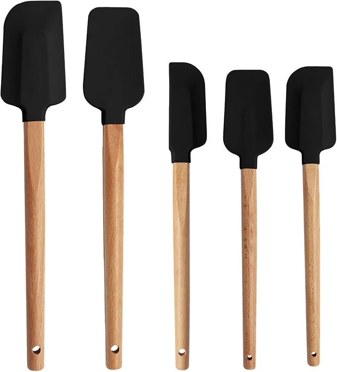 Uenhoy 5 Pack Silicone Spatula Set, Non-stick Wooden Handle Rubber Spatulas for Baking Cooking Frosting, 600°F Heat Resistant, Black