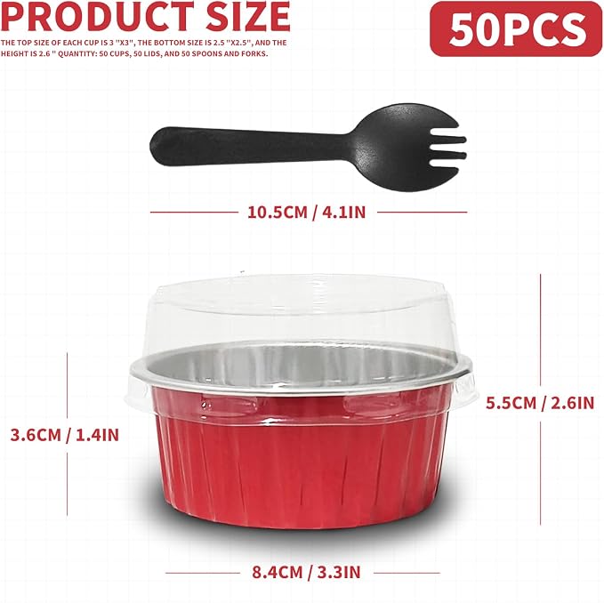 Valentine's Day 50Pcs Mini Aluminum Foil Cupcake Baking Cups,5oz Cake Pans Disposable,Mini Loaf Pans with Lids,Disposable Ramekins,Tin Cups Containers for Cupcake,Pudding,Muffin,Cheesecake(50, Red)