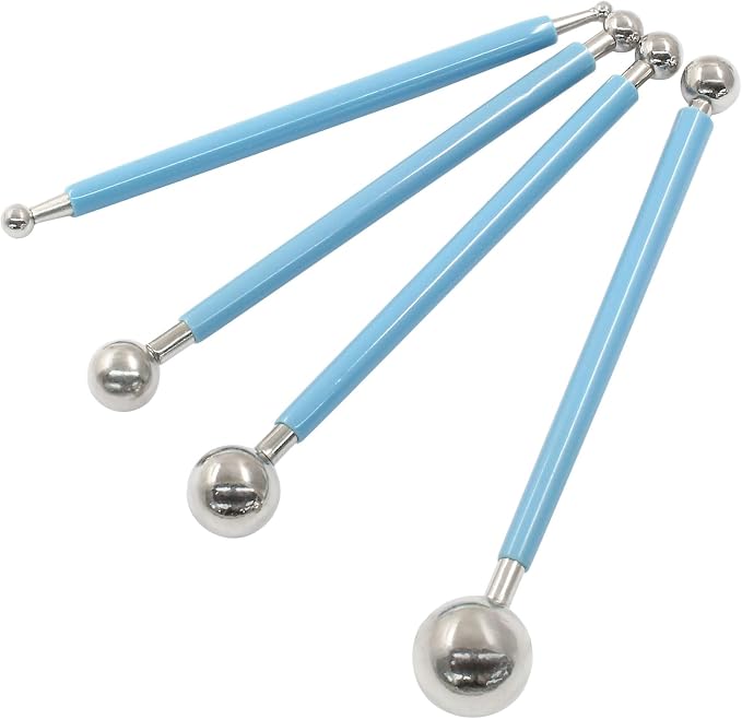 4Pcs Blue Ball Shaped Cake Dotting Tool, 8 Head Fondant Ball Tool Stainless Steel Modeling Ball Tool, Metal Ball Mold Tool for Cake Decoration, Sculpting, DIY