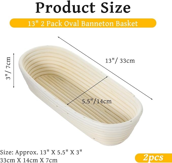 2 Pack 13 Inch Oval Bread Proofing Basket,Banneton Basket Bread Baking Bowl with Linen Liner Cloth, Perfect for Professional & Home Sourdough Breads Baking, Artisan Sourdough Breads