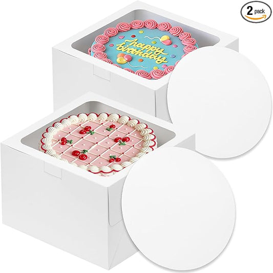 Moretoes 2 Pack Cake Boxes 10 Inch with Boards, 10x10x5 Inches White Cake Carrier Bakery Containers, Disposable Bakery Boxes for Valentine's Day Mother's Day for Cake Cupcake Cookie Pie Pastry