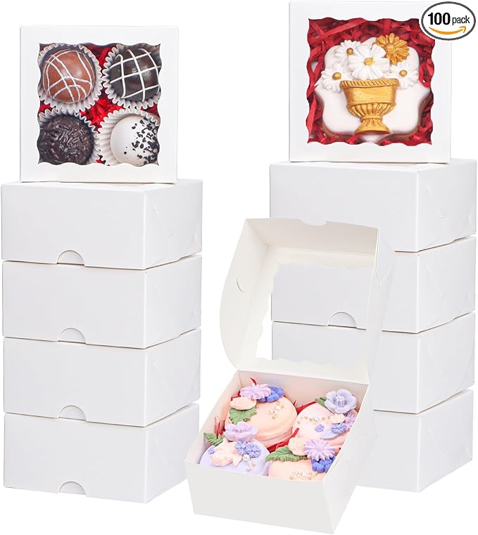 100-Pack 4X4X2 Inches Elegant White Bakery Boxes - Treat/Cookie/Truffle Boxes for Mini Cakes, Pies & Cinnamon Rolls - Wedding Party Favor Packaging