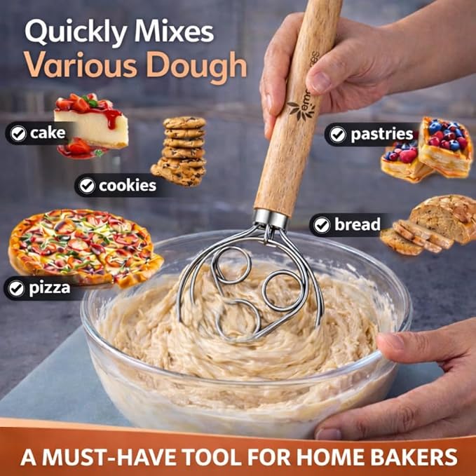 Danish Dough Whisk for Sourdough – Thick Stainless Steel Dutch Whisk with Ergonomic Oak Handle – Heavy-Duty Dough Mixer for Bread & Baking