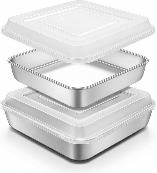 Stainless Steel Baking Pan with Lid, 8 x 8 x 2 Inch Deep Square Cake Pan with Cover, Non-toxic&Healthy Bakeware Set of 2, Easy Clean, Dishwasher & Oven Safe, for Cakes, Brownies(2Pans+2Lids)