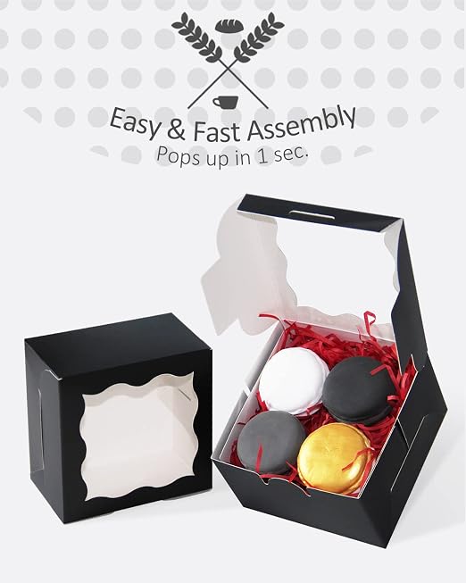 qiqee Black Bakery Boxes with Window 4*4*2.5inch/100Packs Mini Cookie Boxes Macaron boxes Small Donut Pastry Boxes for Party (5 Diferent Gift Include)