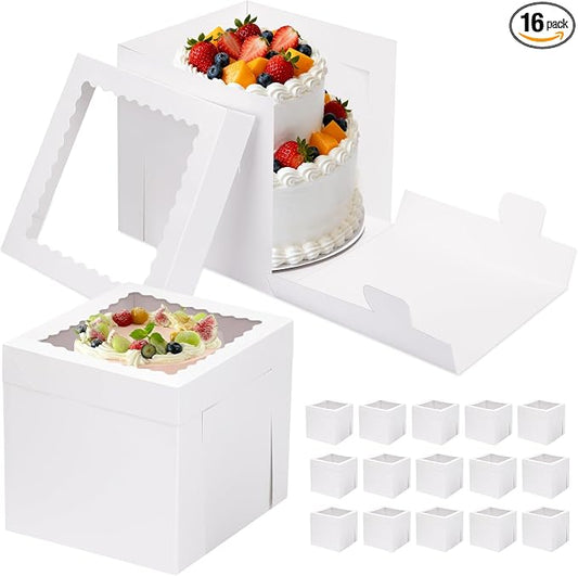 Moretoes 16pcs Cake Boxes, 10x10x10 Inches Tall White Square Bakery Boxes, Cajas Pasteles for Tier Cakes, Take Out Carrier Containers, Valentine's Day, Birthday, Wedding, Party
