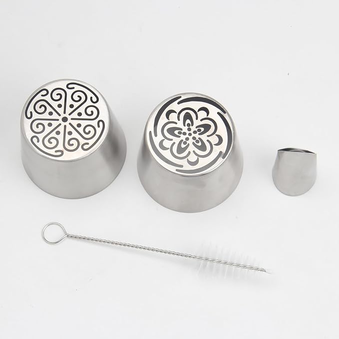 4Pcs Extra Large Russian Flower Piping Nozzles, Stainless Steel Rose Tulip Piping Tips for Cake Decorating, Includes 2 Extra Large, 1 Leaf Nozzle, and 1 Pagoda Brush, Dessert Baking Tool