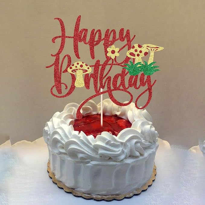 Mushroom Cake Topper- Glitter Mushroom Birthday Cake Toppers,Mushrooms and flowers in spring,Baby Shower Boy Girl Birthday Party Decoration Supplies