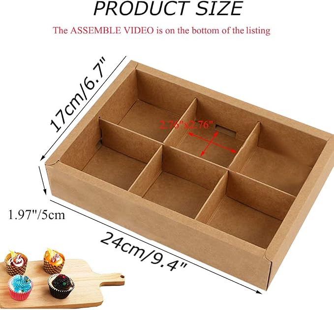 12 Packs Cupcake Boxes,Brown Kraft Treats Gift Boxes with Inserts and Display Windows,Cupcake Containers for Baking Pastries Goodies Biscuits(6 Lattices)